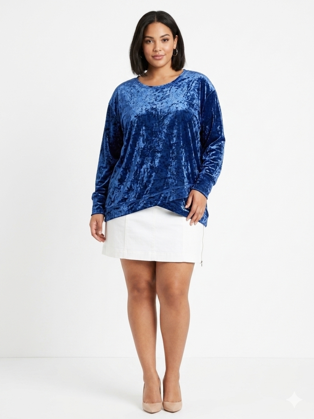 Crushed Velvet Long-Sleeve Tee - Dark Blue Up To Size 3XL